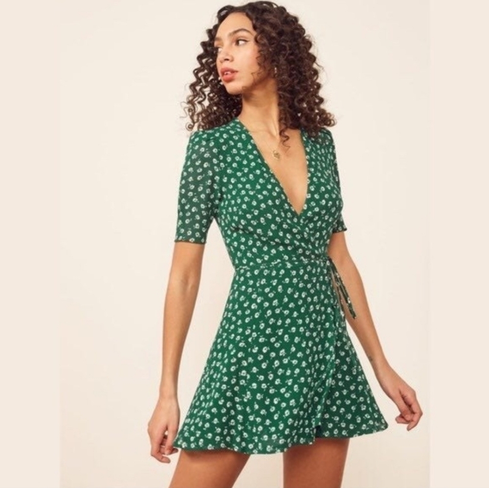 REFORMATION Lucky Wrap Dress Kelly Green Floral